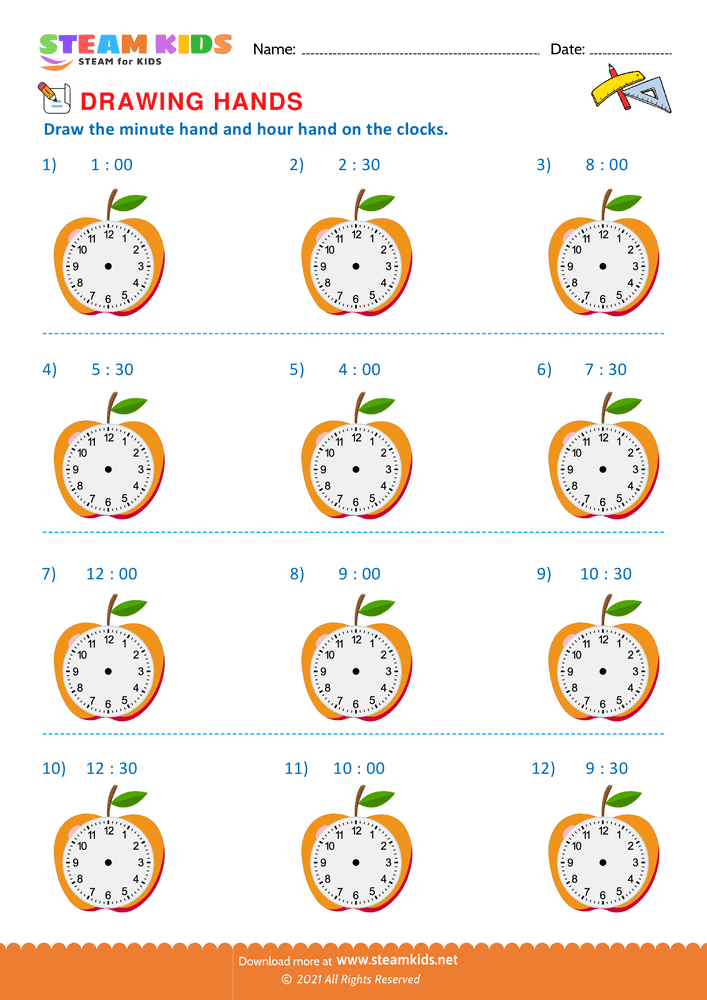 Free Math Worksheet - Drawing hands on clocks - Worksheet 2