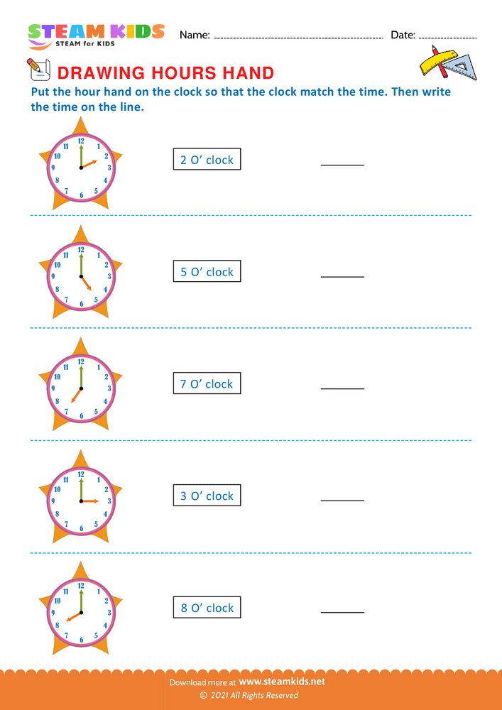 Free Math Worksheet - Drawing hours hand - Worksheet 3