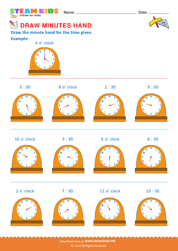 Free Math Worksheet - Drawing minutes hand - Worksheet 1