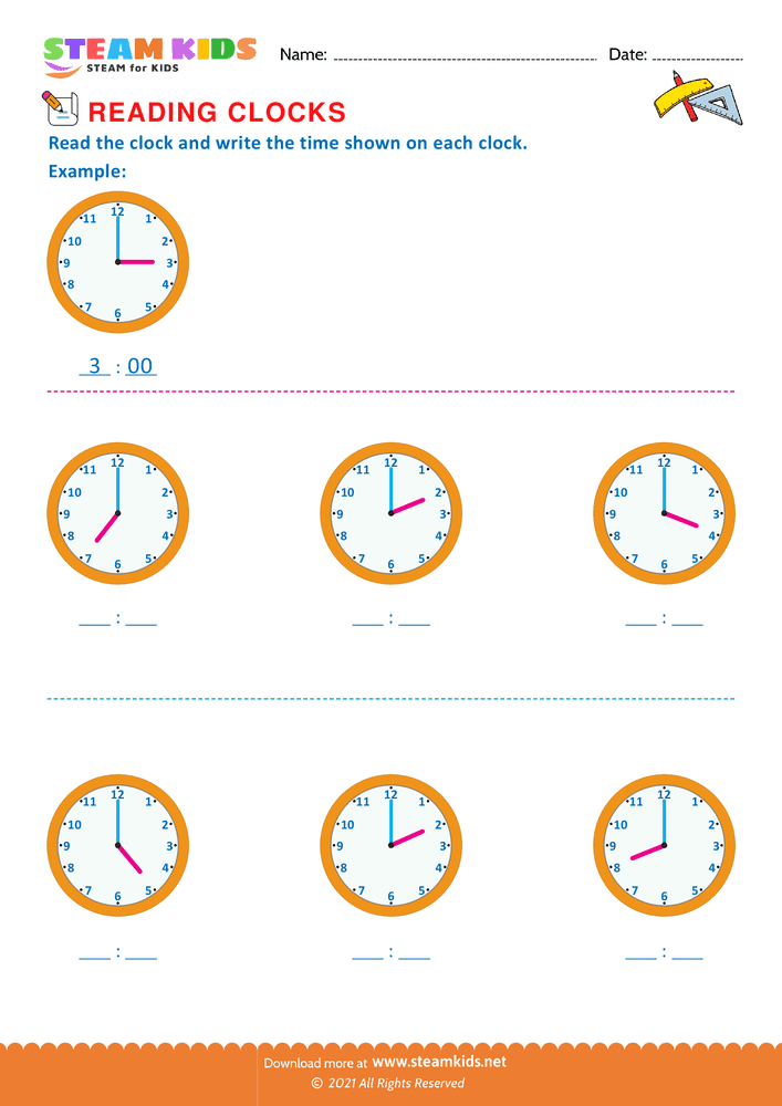 Free Math Worksheet - Reading clocks - Worksheet 1