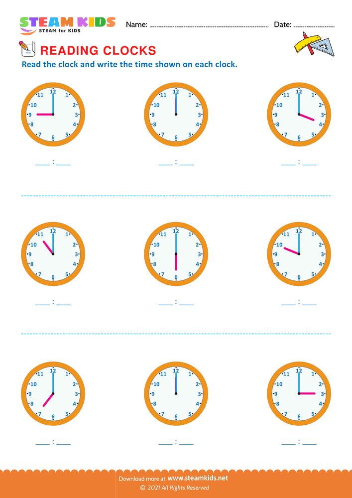 Free Math Worksheet - Reading clocks - Worksheet 2