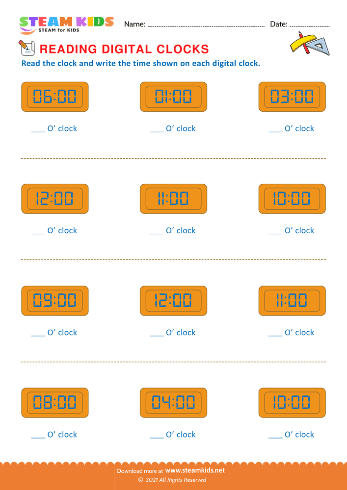 Free Math Worksheet - Reading clocks - Worksheet 5