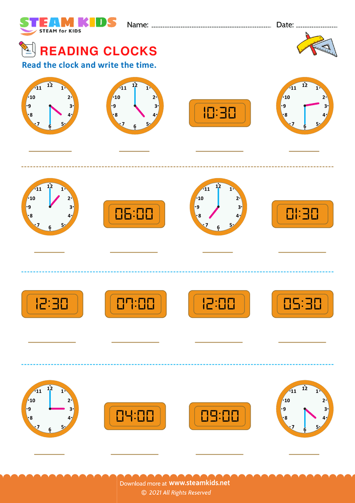 Free Math Worksheet - Reading clocks - Worksheet 8