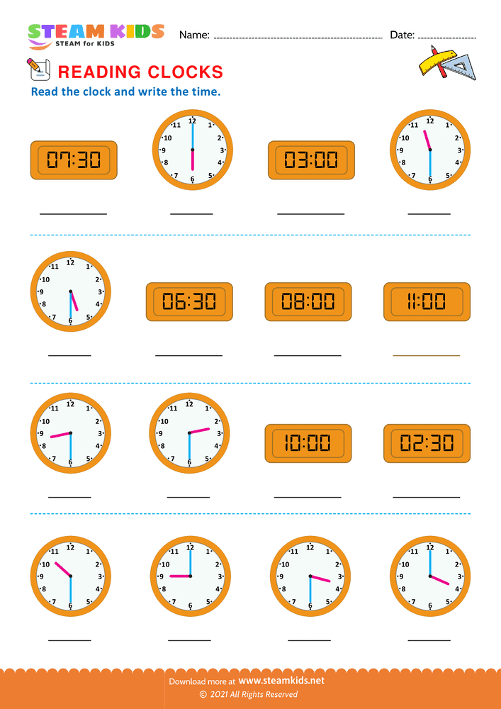 Free Math Worksheet - Reading clocks - Worksheet 9