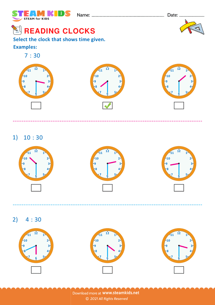 Free Math Worksheet - Reading clocks - Worksheet 10