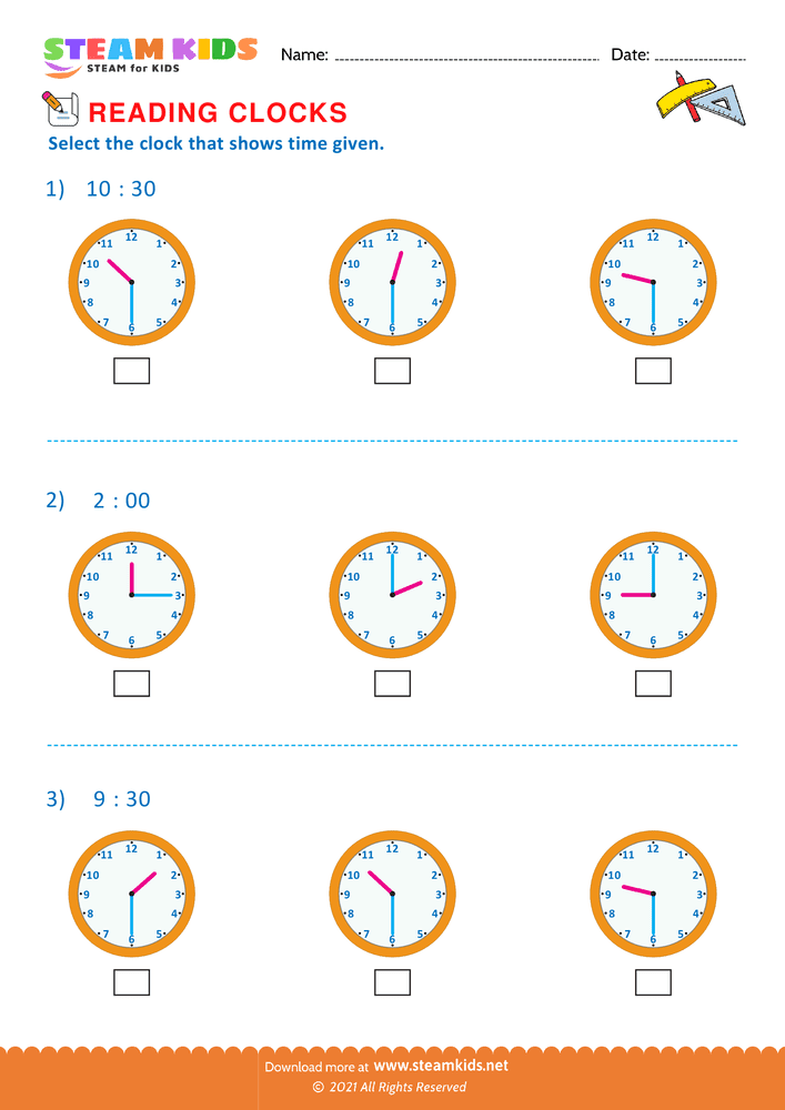 Free Math Worksheet - Reading clocks - Worksheet 12