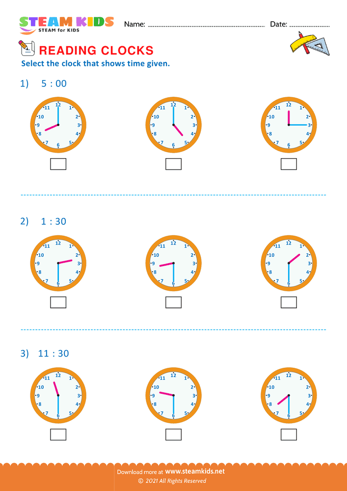 Free Math Worksheet - Reading clocks - Worksheet 13