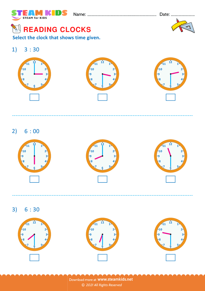Free Math Worksheet - Reading clocks - Worksheet 14
