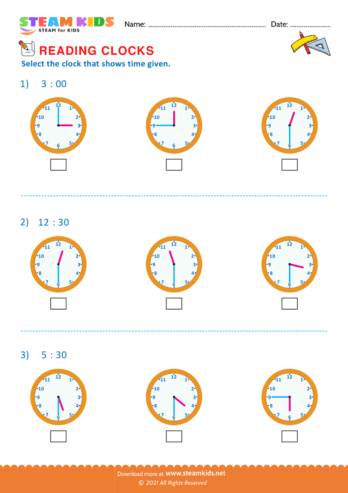 Free Math Worksheet - Reading clocks - Worksheet 15