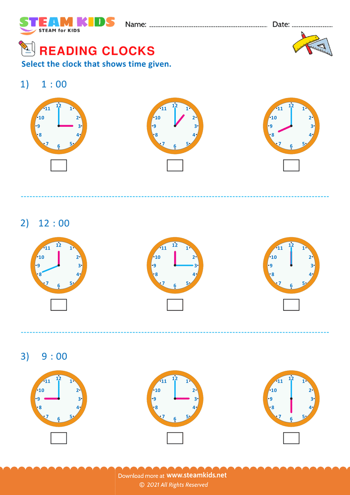 Free Math Worksheet - Reading clocks - Worksheet 16