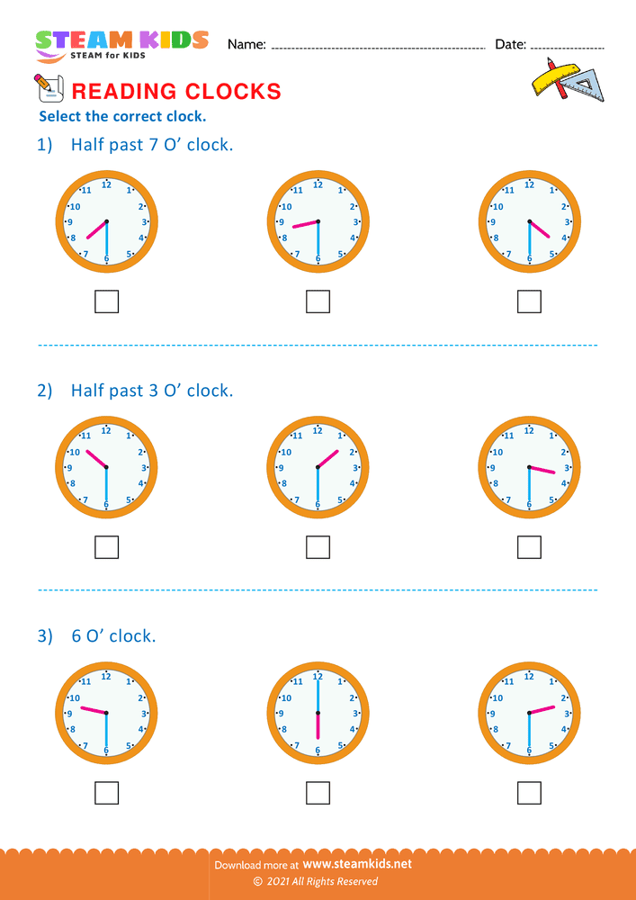 Free Math Worksheet - Reading clocks - Worksheet 19