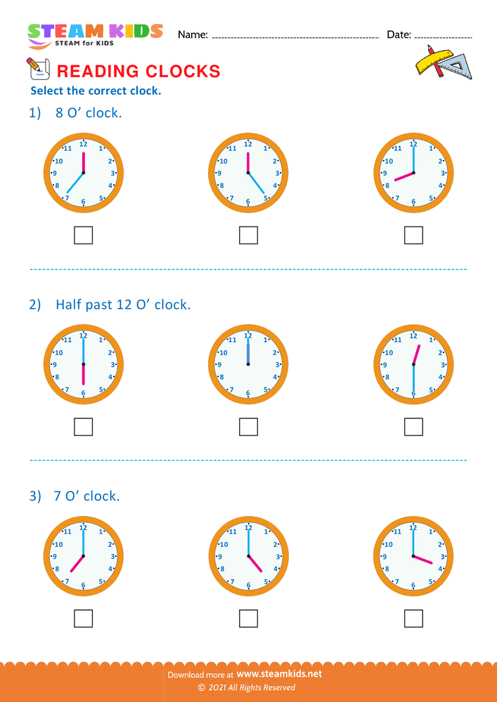 Free Math Worksheet - Reading clocks - Worksheet 21