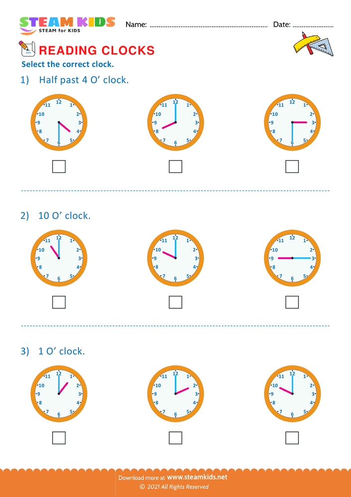 Free Math Worksheet - Reading clocks - Worksheet 22