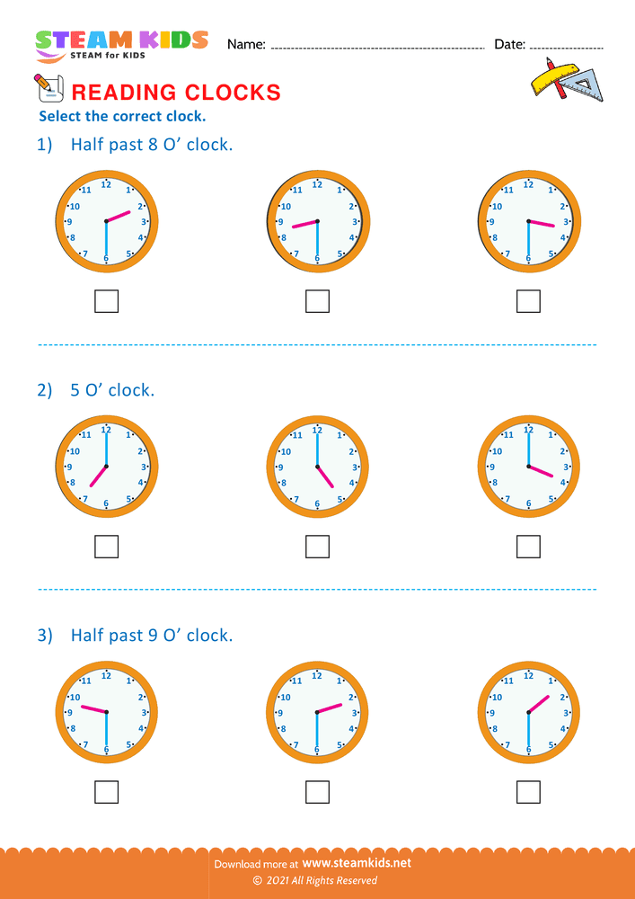 Free Math Worksheet - Reading clocks - Worksheet 23