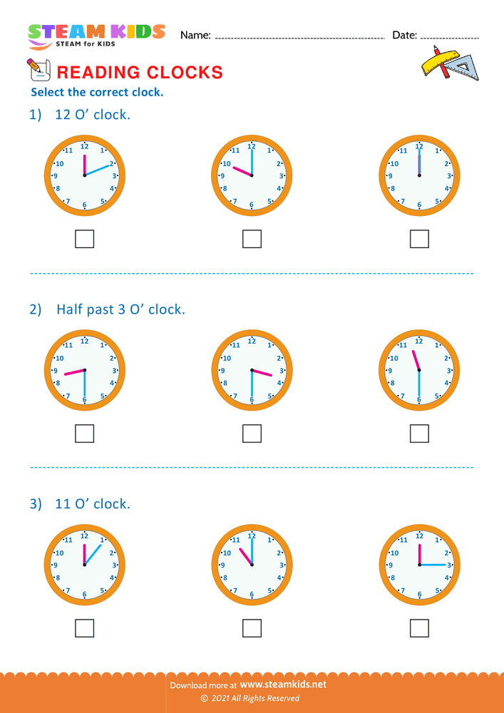Free Math Worksheet - Reading clocks - Worksheet 24