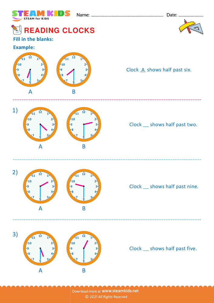 Free Math Worksheet - Reading clocks - Worksheet 26