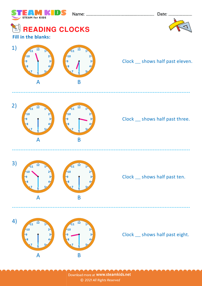 Free Math Worksheet - Reading clocks - Worksheet 27