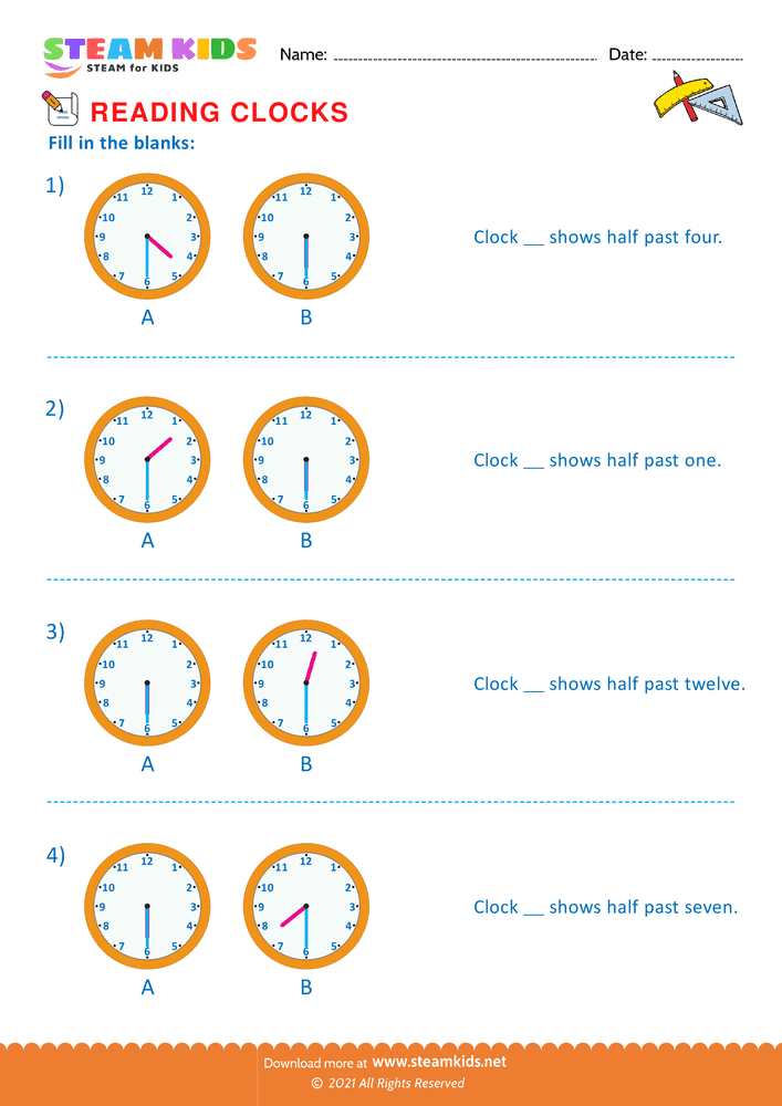 Free Math Worksheet - Reading clocks - Worksheet 28