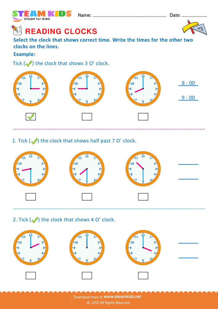 Free Math Worksheet - Reading clocks - Worksheet 29