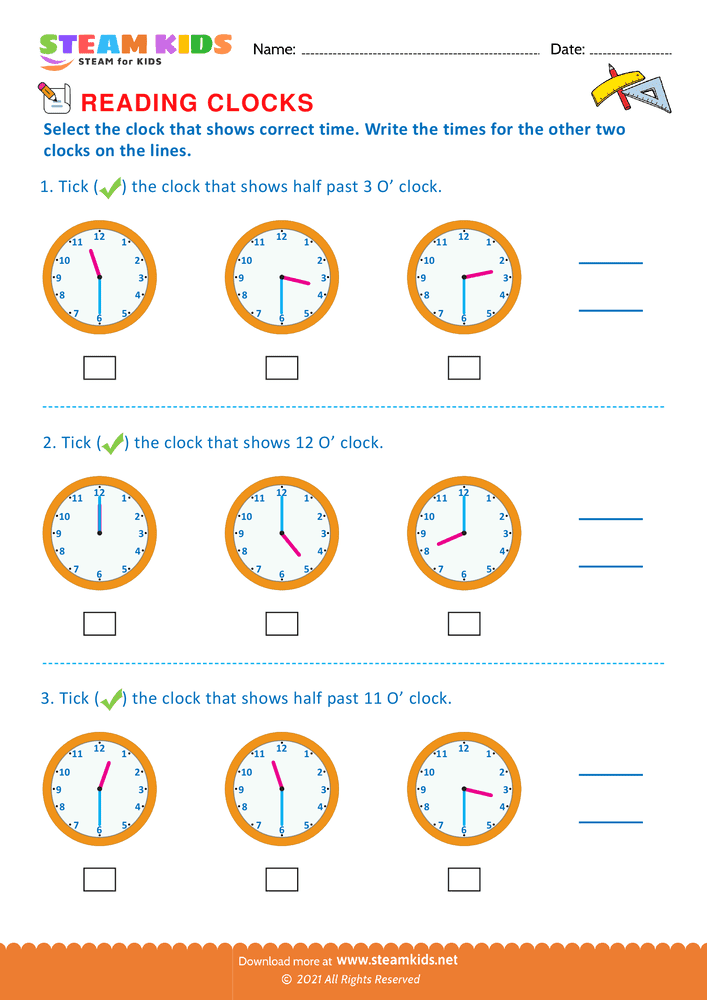 Free Math Worksheet - Reading clocks - Worksheet 30