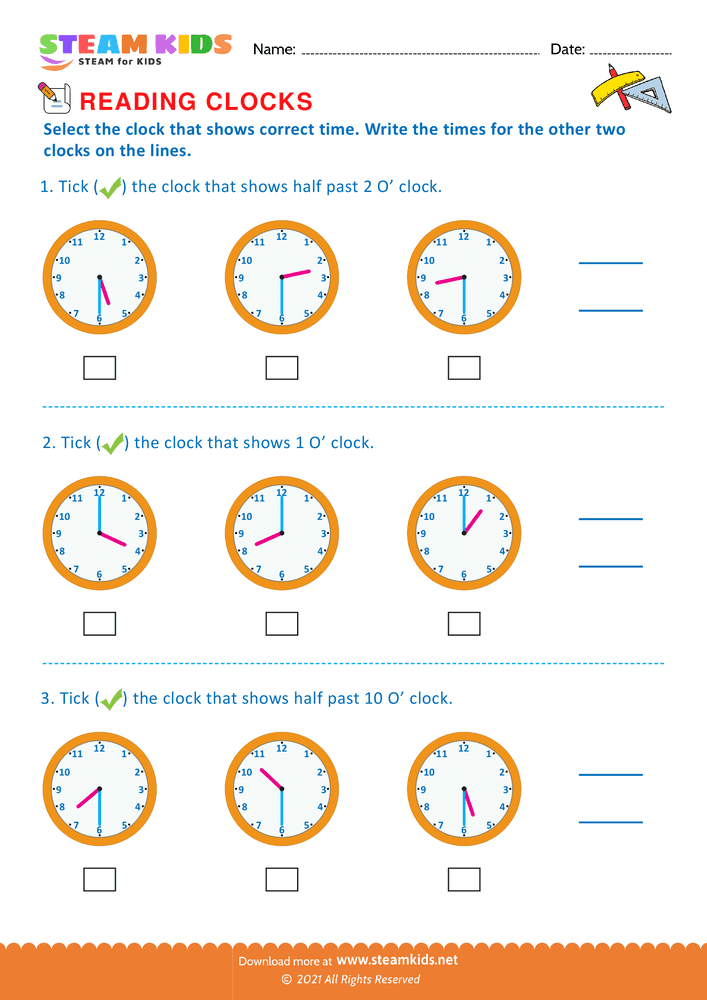 Free Math Worksheet - Reading clocks - Worksheet 33