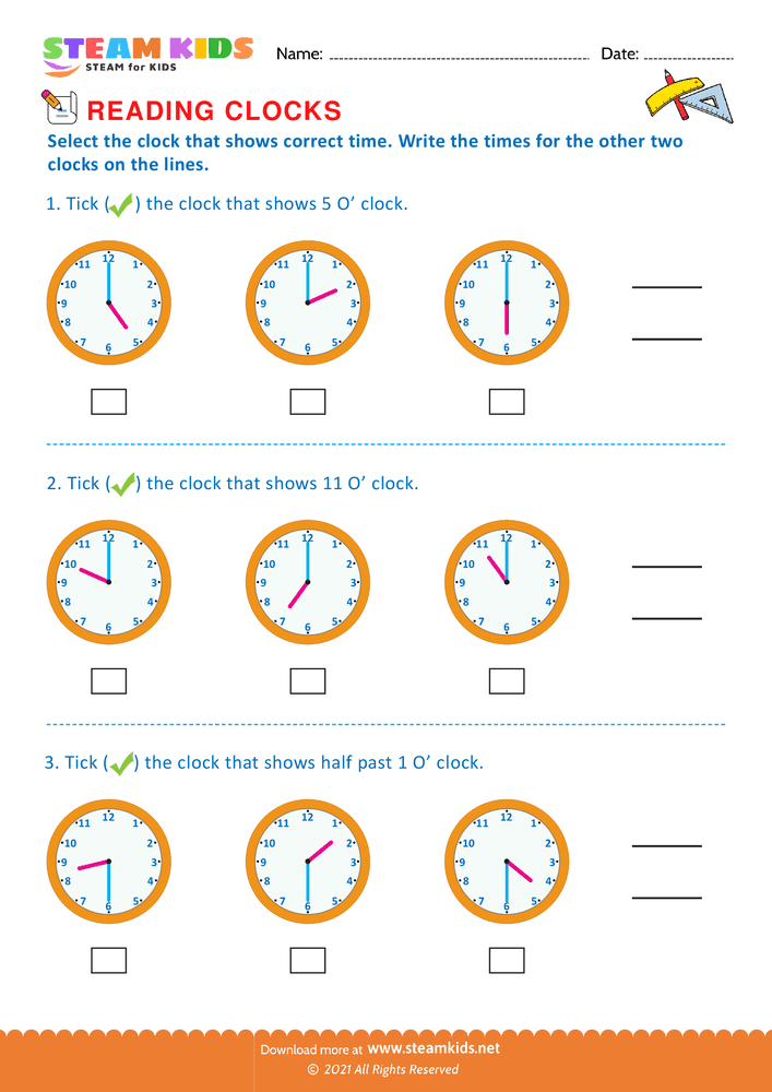 Free Math Worksheet - Reading clocks - Worksheet 34