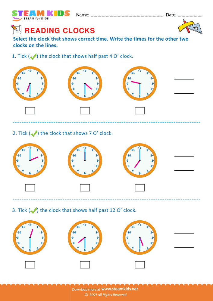 Free Math Worksheet - Reading clocks - Worksheet 36