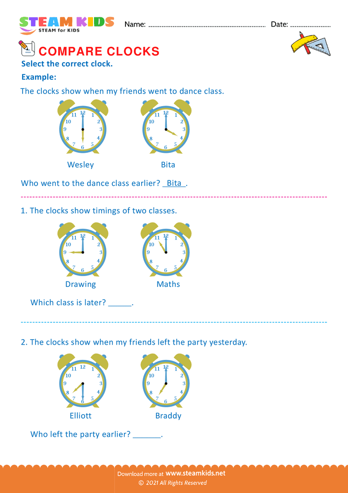 Free Math Worksheet - Compare clocks - Worksheet 1