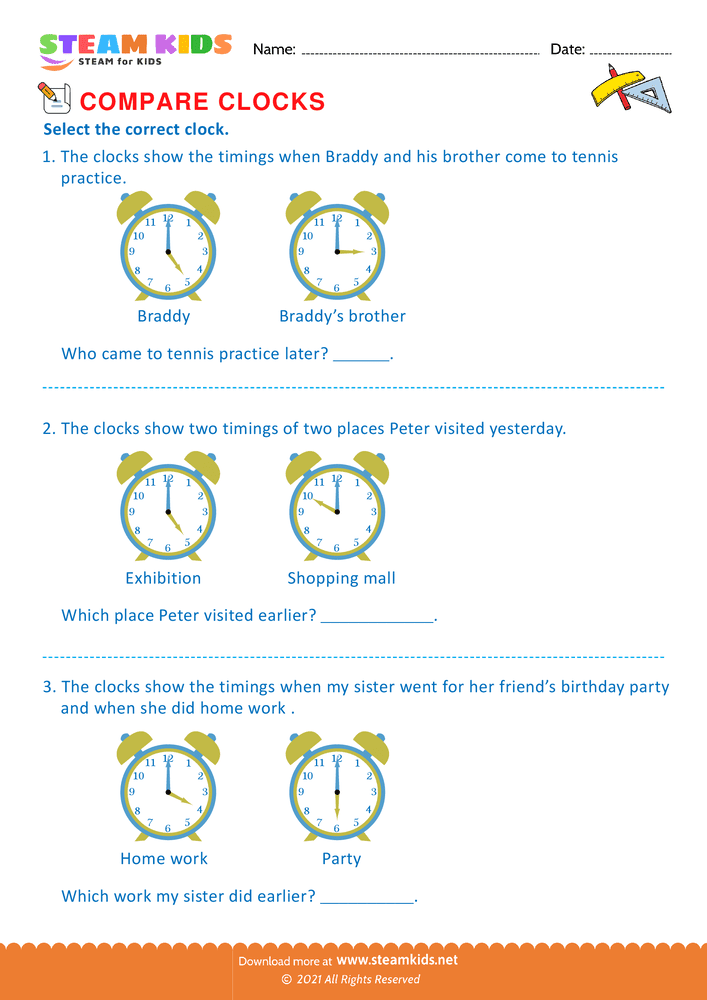 Free Math Worksheet - Compare clocks - Worksheet 2