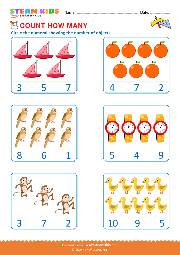 Free Math Worksheet - Count how many - Worksheet 1