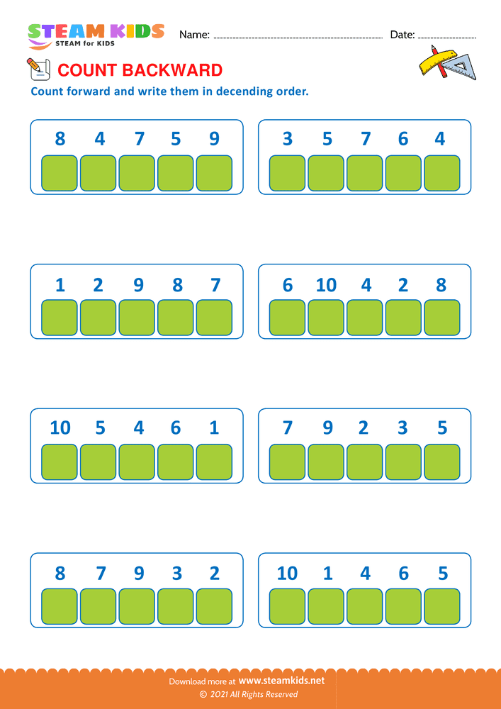 Free Math Worksheet - Count Backward - Worksheet 2