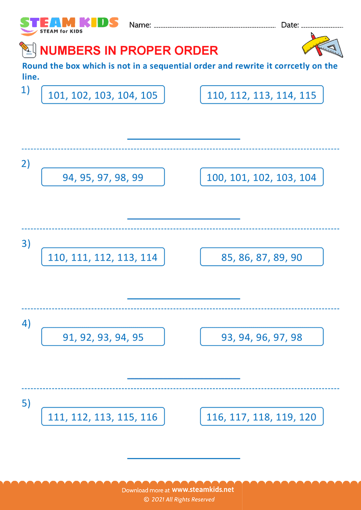 Free Math Worksheet - Re-order number - Worksheet 5