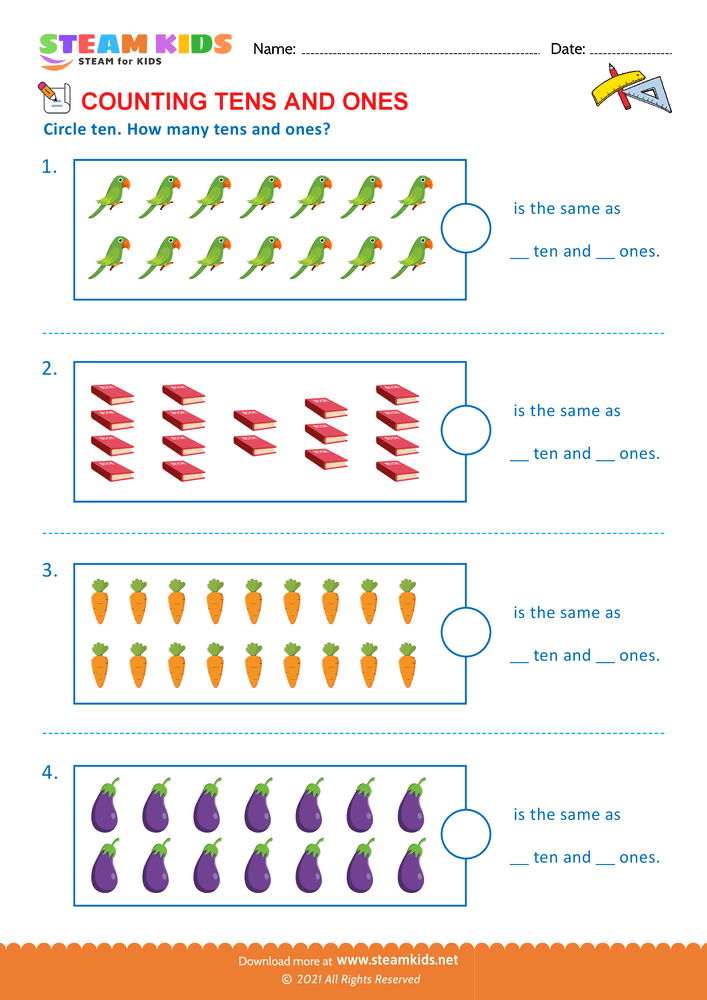 Free Math Worksheet - Count tens & ones upto 20 - Worksheet 2