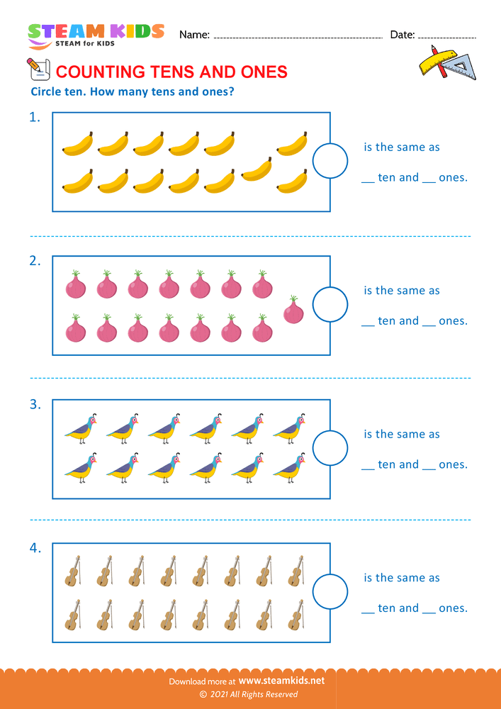 Free Math Worksheet - Count tens & ones upto 20 - Worksheet 3