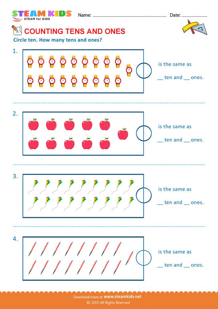 Free Math Worksheet - Count tens & ones upto 20 - Worksheet 4