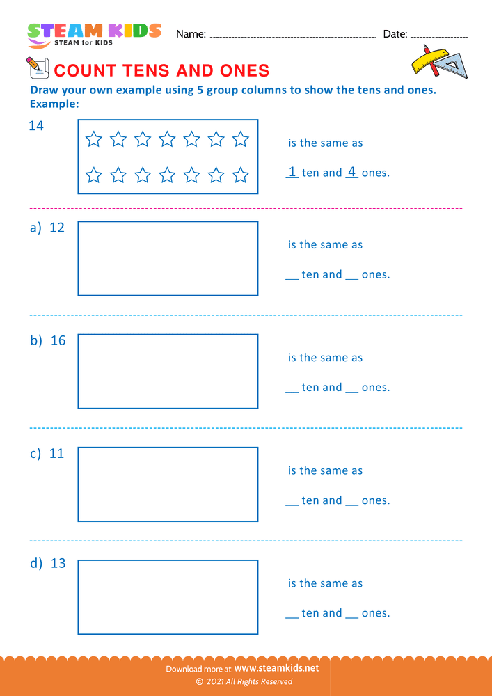 Free Math Worksheet - Count tens & ones upto 20 - Worksheet 5