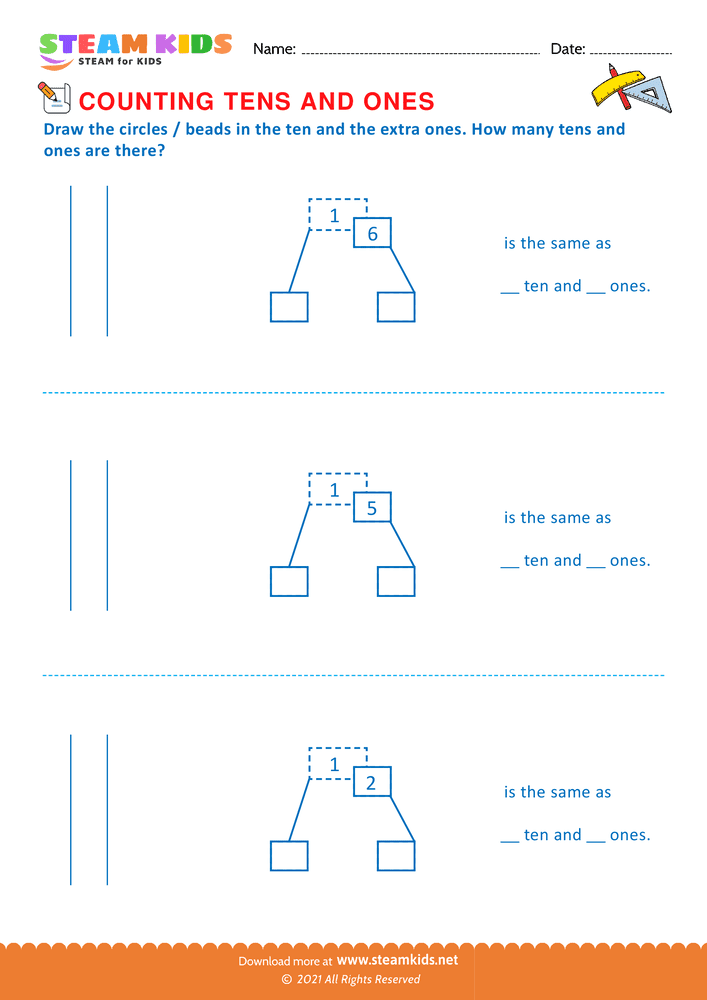 Free Math Worksheet - Count tens & ones upto 20 - Worksheet 9