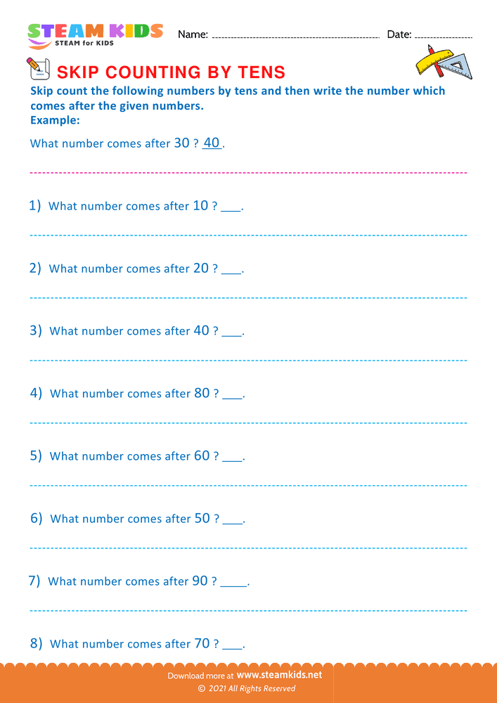 Free Math Worksheet - Counting by tens - Worksheet 1