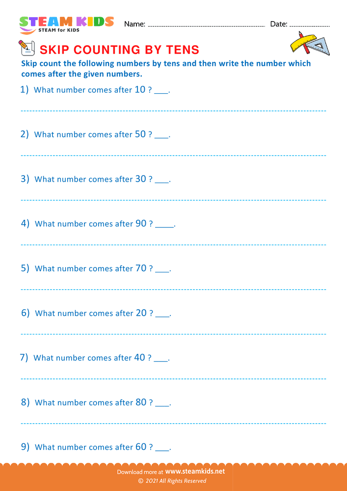 Free Math Worksheet - Counting by tens - Worksheet 2