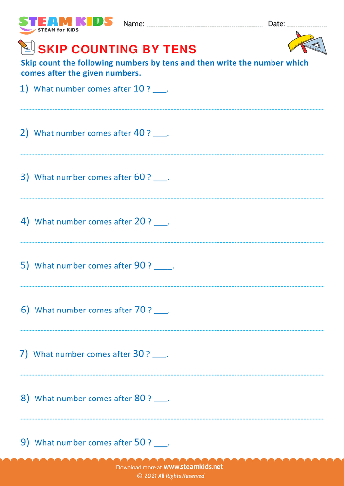 Free Math Worksheet - Counting by tens - Worksheet 4