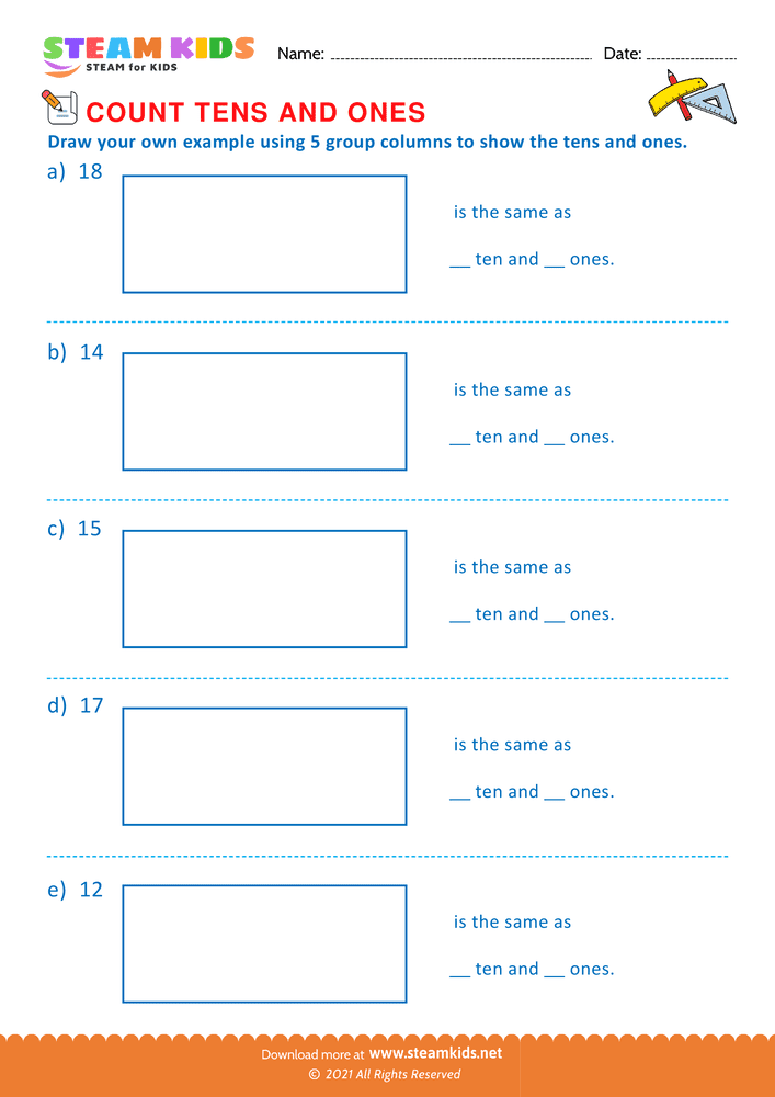 Free Math Worksheet - Count tens & ones upto 20 - Worksheet 10
