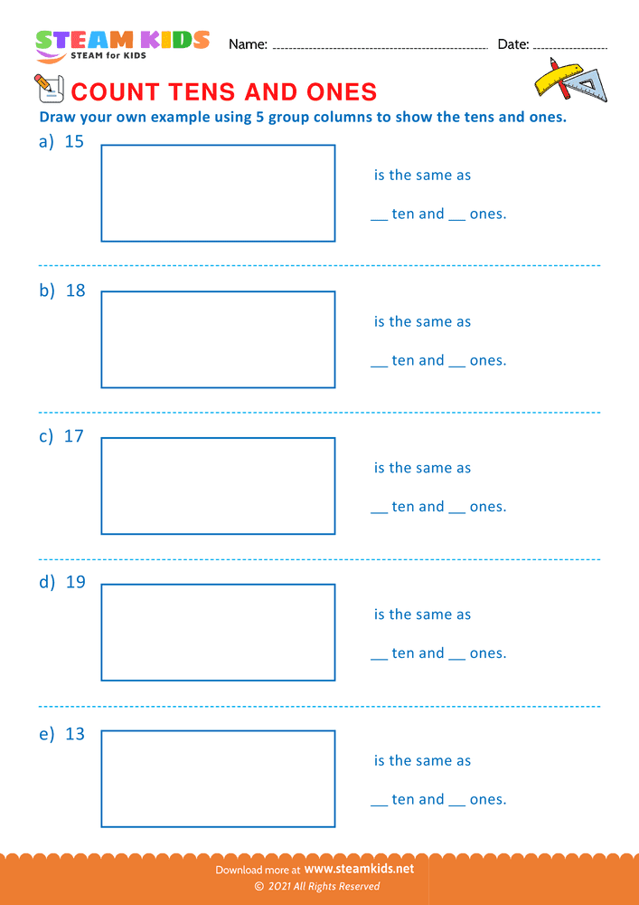 Free Math Worksheet - Count tens & ones upto 20 - Worksheet 11
