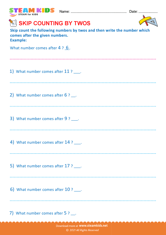 Free Math Worksheet - Counting by twos - Worksheet 1