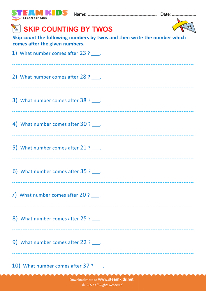 Free Math Worksheet - Counting by twos - Worksheet 3