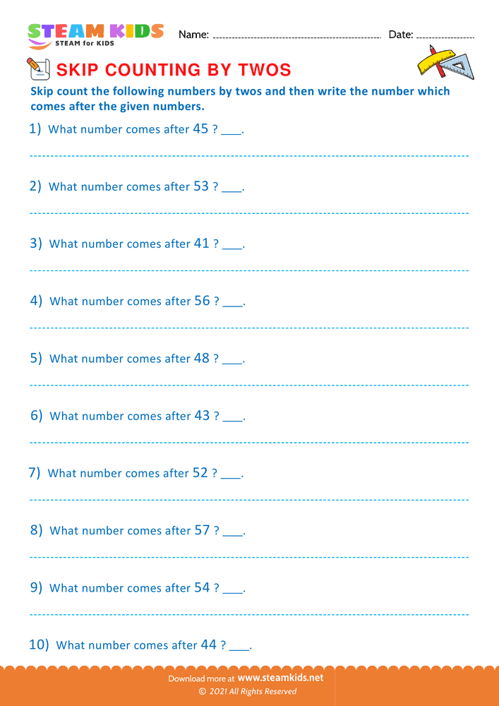 Free Math Worksheet - Counting by twos - Worksheet 6