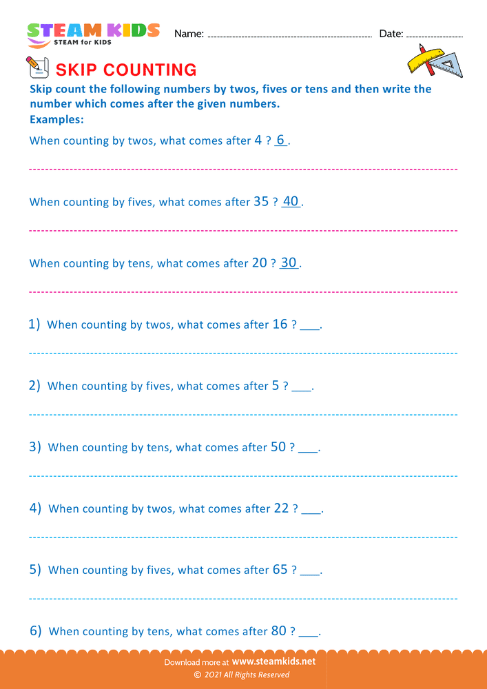 Free Math Worksheet - Counting by twos fives and tens - Worksheet 1