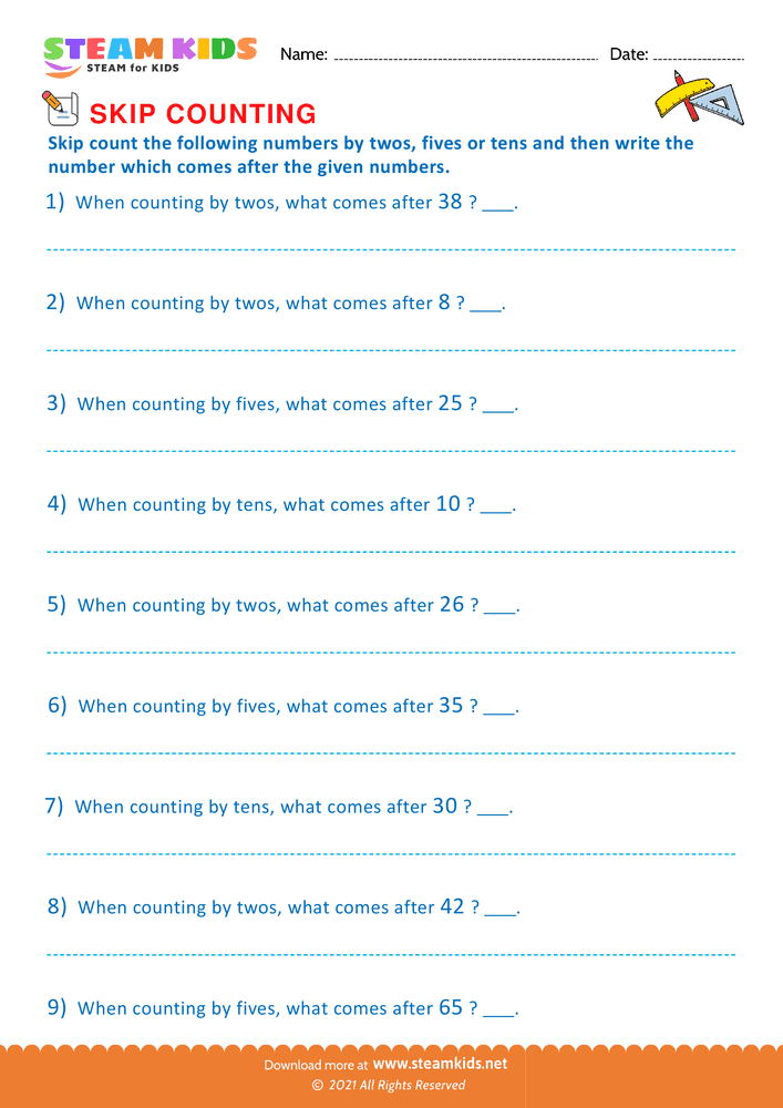 Free Math Worksheet - Counting by twos fives and tens - Worksheet 2