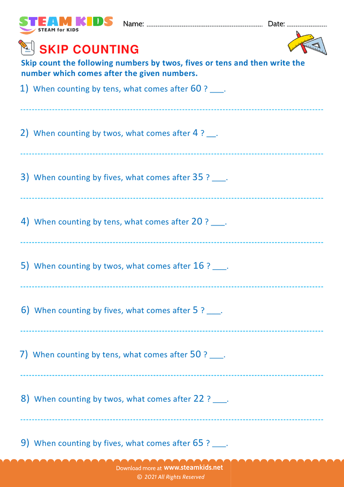 Free Math Worksheet - Counting by twos fives and tens - Worksheet 3