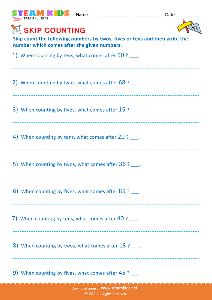 Free Math Worksheet - Counting by twos fives and tens - Worksheet 4