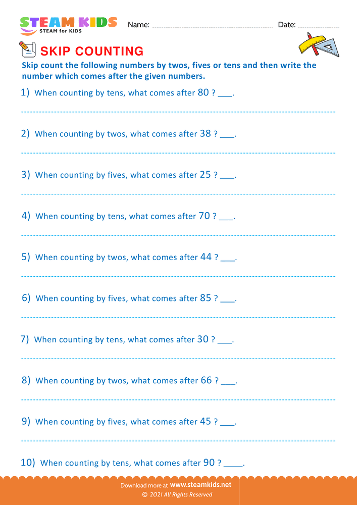 Free Math Worksheet - Counting by twos fives and tens - Worksheet 5